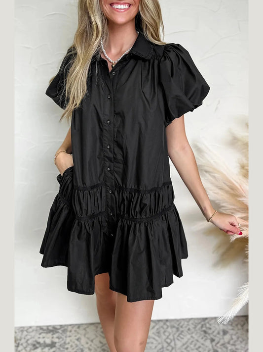 Button Down Puff Sleeve Ruffle Hem Dress NicholesGifts