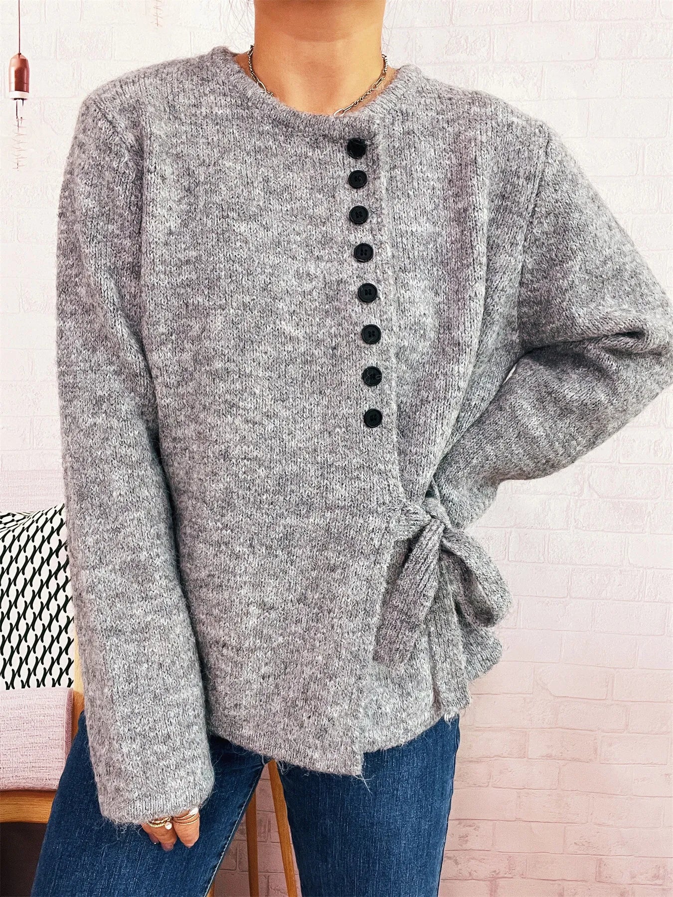 Button-Front Side-Tie Sweater