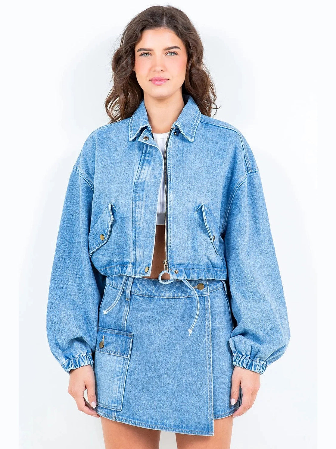 American Bazi Drawstring Waist Crop Denim Jacket