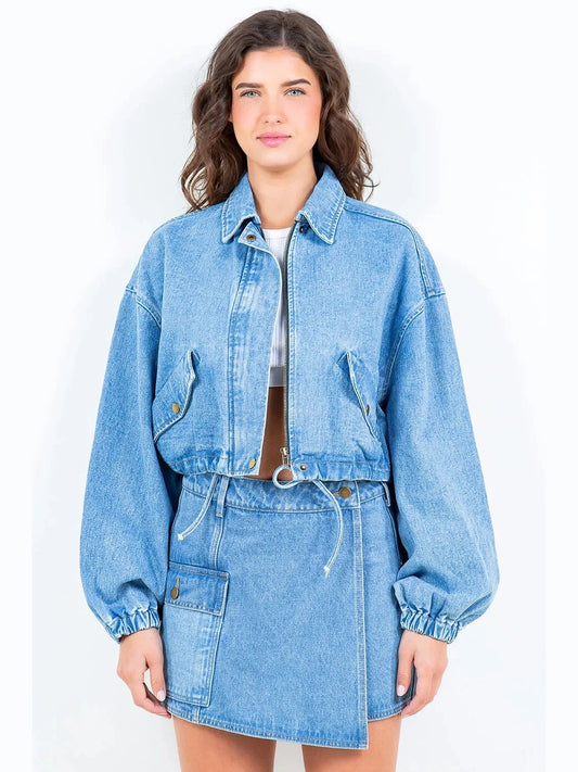 American Bazi Drawstring Waist Crop Denim Jacket