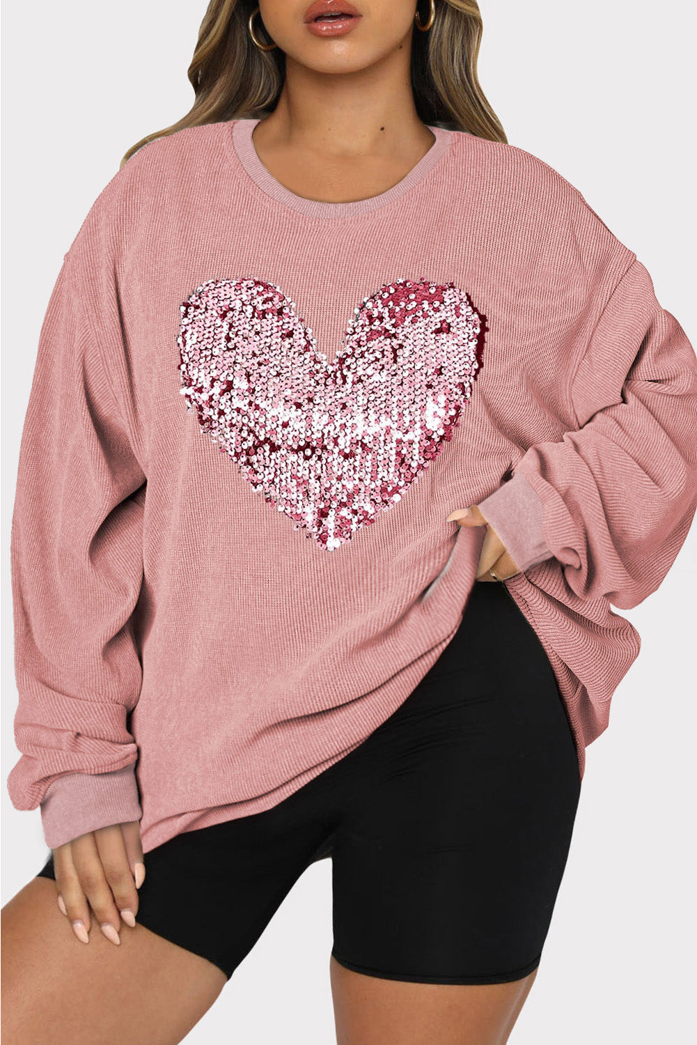 NicholesGifts Women Plus Size Heart Sequin Round Neck Sweatshirt NicholesGifts