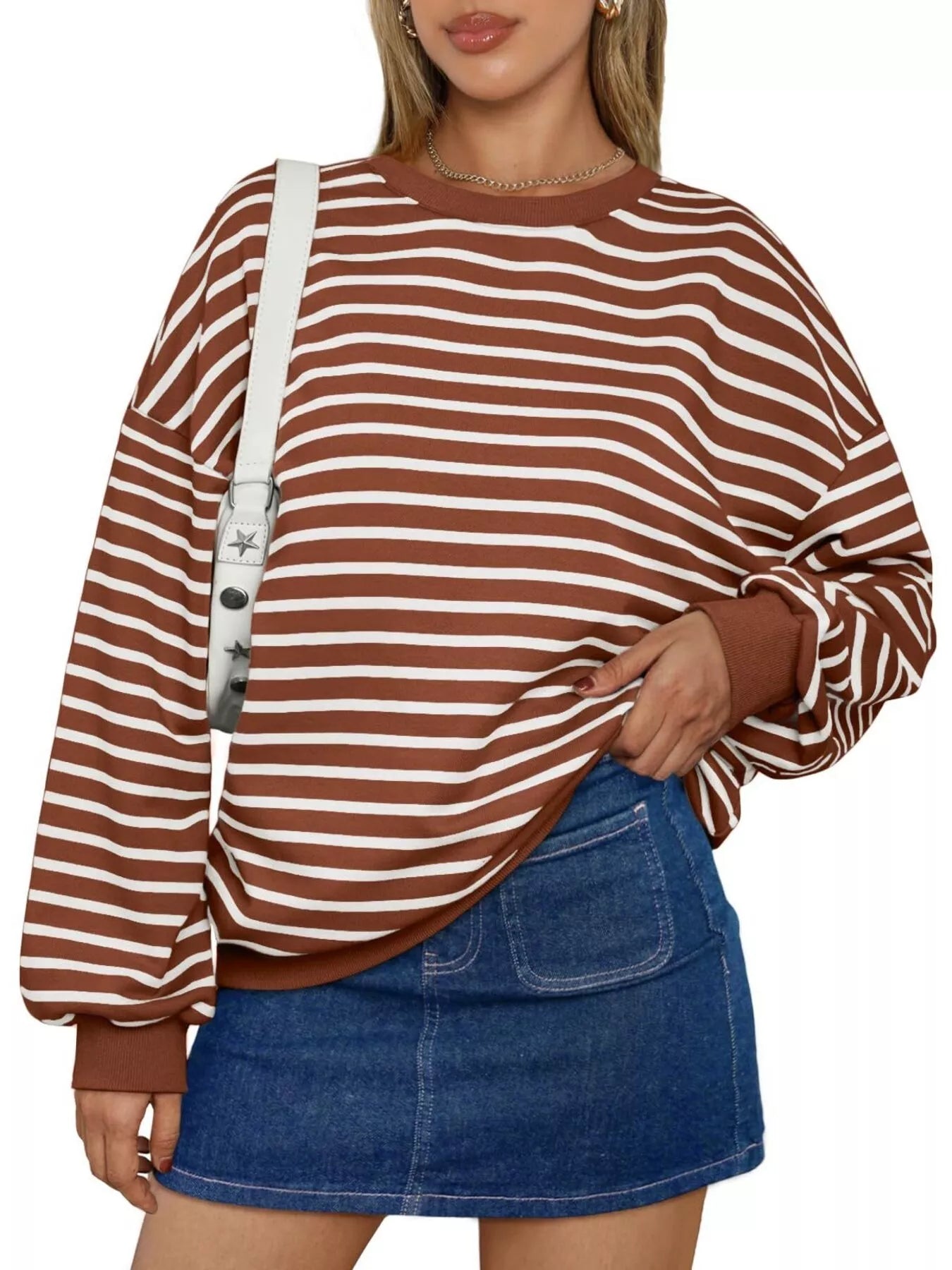 Striped Round Neck Oversized Casual Sweatshirt Trendsi