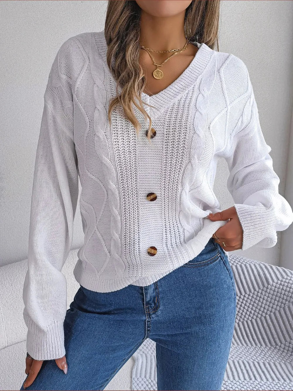 Cable-Knit Buttoned V-Neck Sweater Trendsi