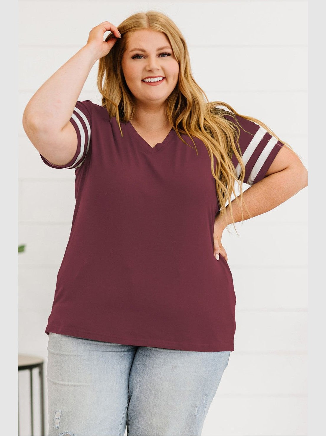 Plus Size Women Striped V-Neck Tee Shirt