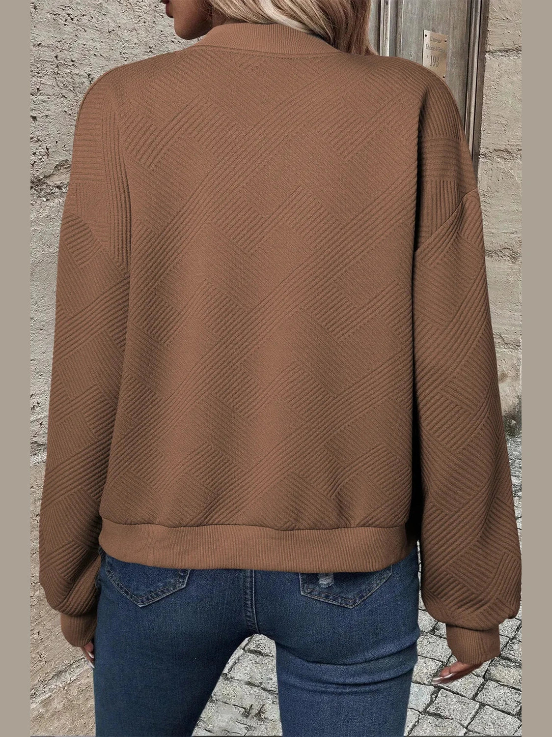 Textured Zip Up Baseball Collar Jacket nicholesgifts