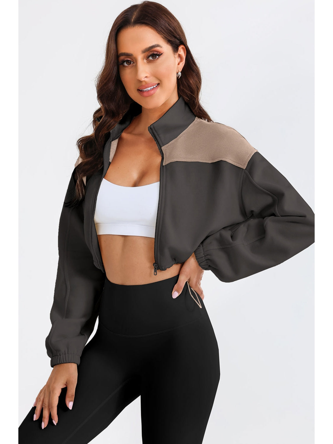 NicholesGifts Women Contrast Drawstring Zip Up Jacket NicholesGifts