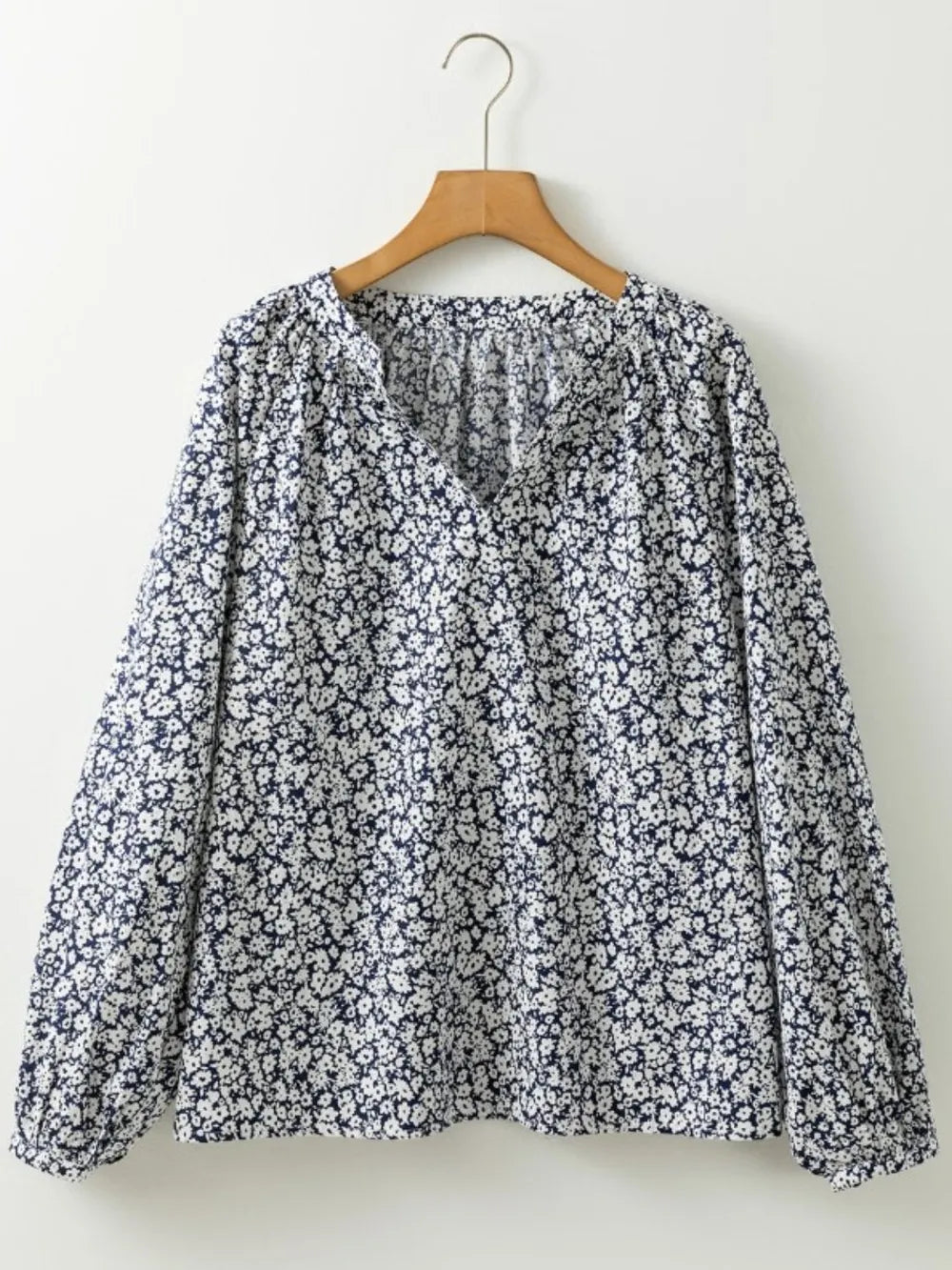 Floral Print Notched Long Sleeve Blouse NicholesGifts