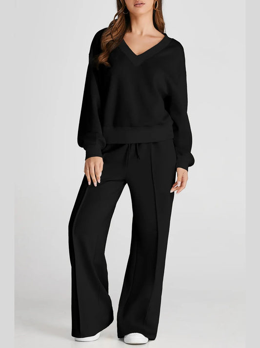 V-Neck Long Sleeve Top and Pants Active Set nicholesgifts