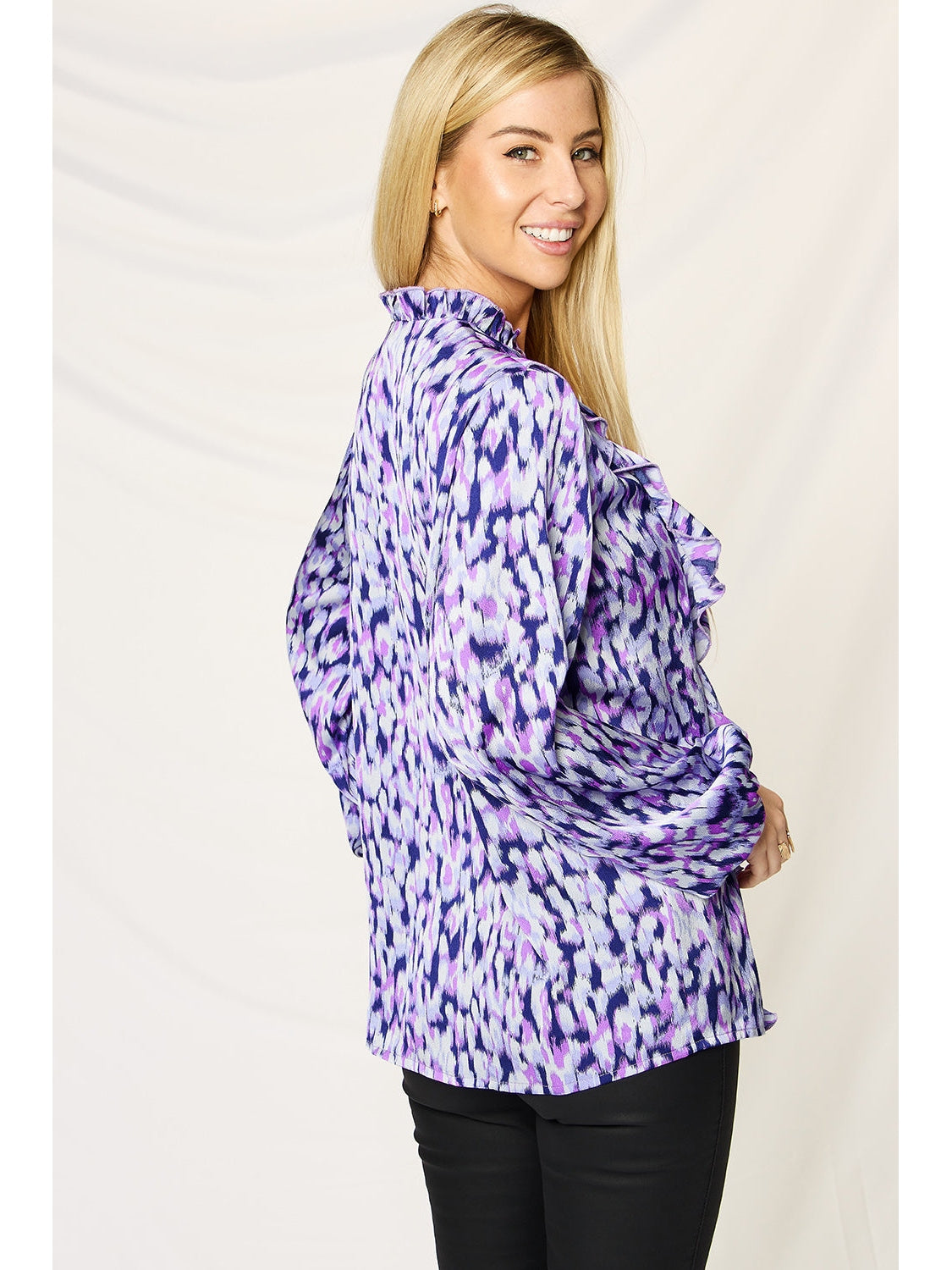 Women Double Take Full Size Printed Ruffle Trim Balloon Sleeve Shirt NicholesGifts