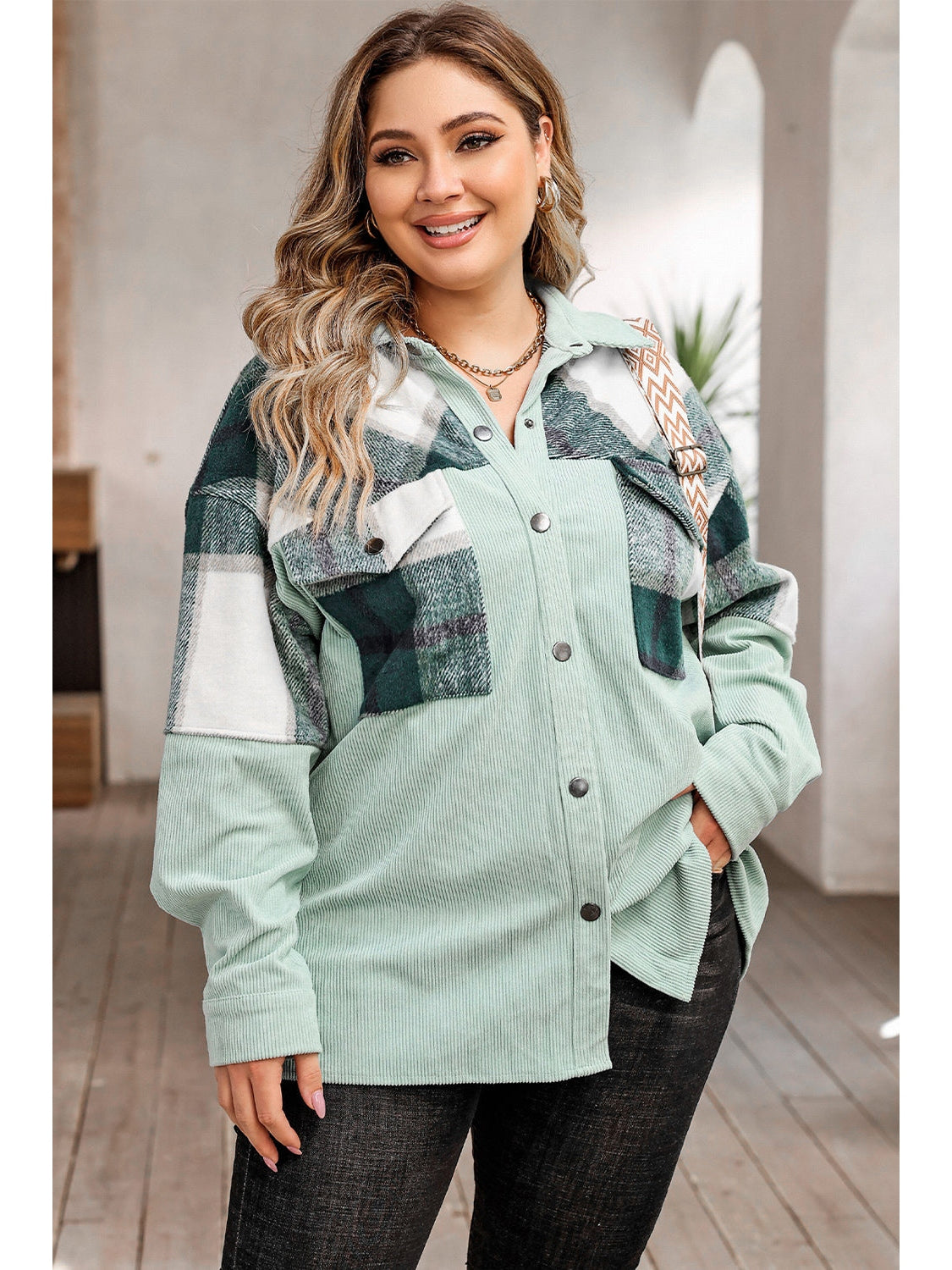 Plus Size Women Plaid Snap Down Jacket with Pockets NicholesGifts