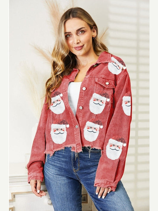 Women Santa Sequin Raw Hem Christmas Jacket