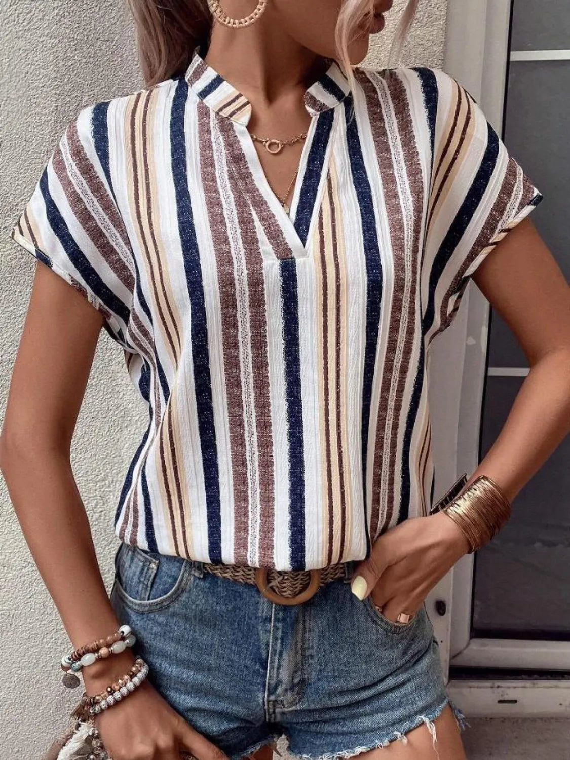 Striped Notched Short Sleeve Shirt