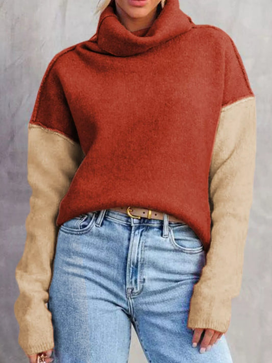 Color Block Turtleneck Drop Shoulder Knit Sweater