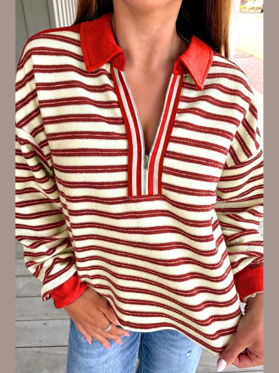 Striped Quarter-Zip Collar Sweatshirt nicholesgifts