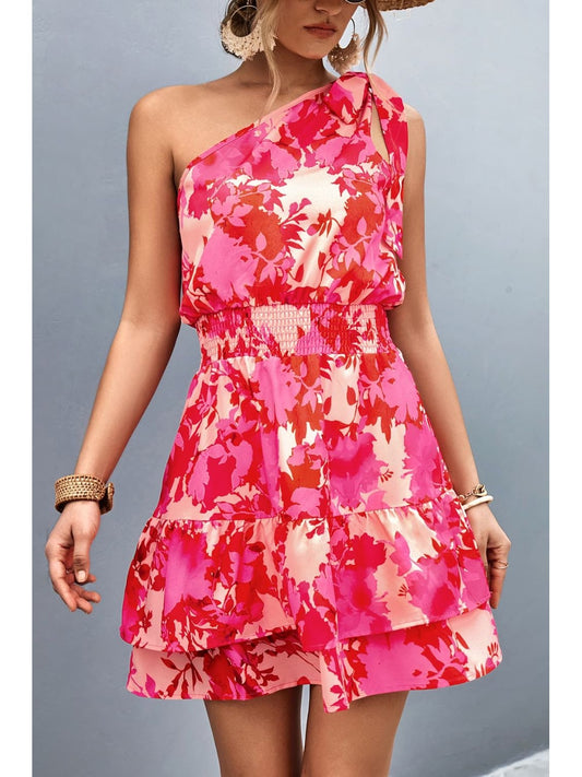 Tied Smocked Printed Single Shoulder Dress NicholesGifts