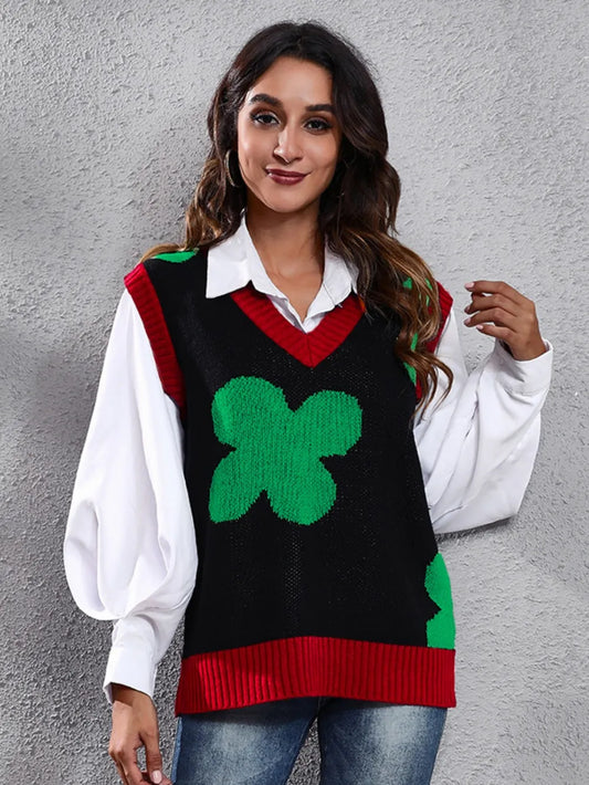 Four Leaf Clover V-Neck Sweater Vest Trendsi