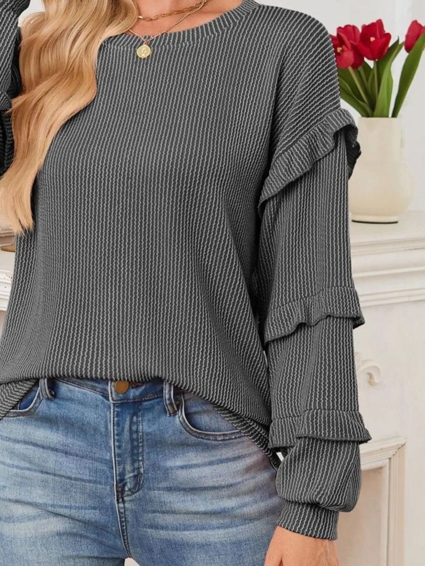 Ruffled Round Neck Long Sleeve Sweatshirt