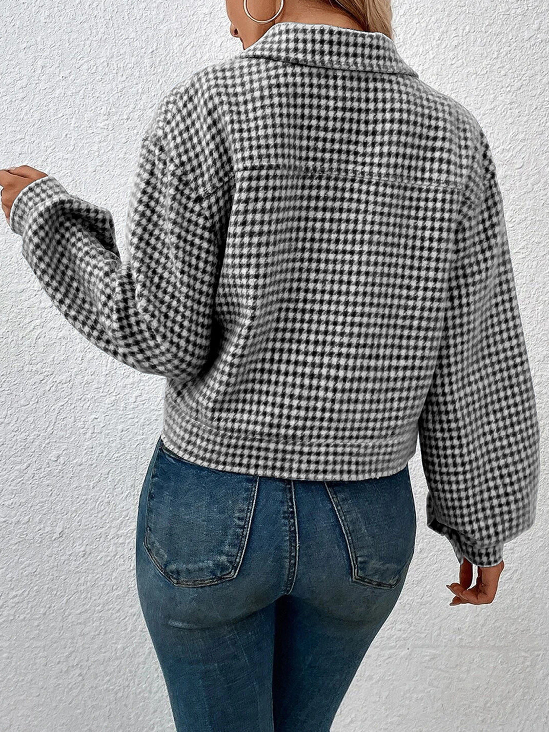 Houndstooth Collared Neck Button Up Jacket NicholesGifts