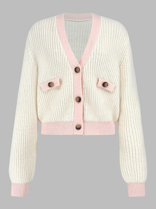 NicholesGifts Women Contrast Trim Button Up Dropped Shoulder Cardigan