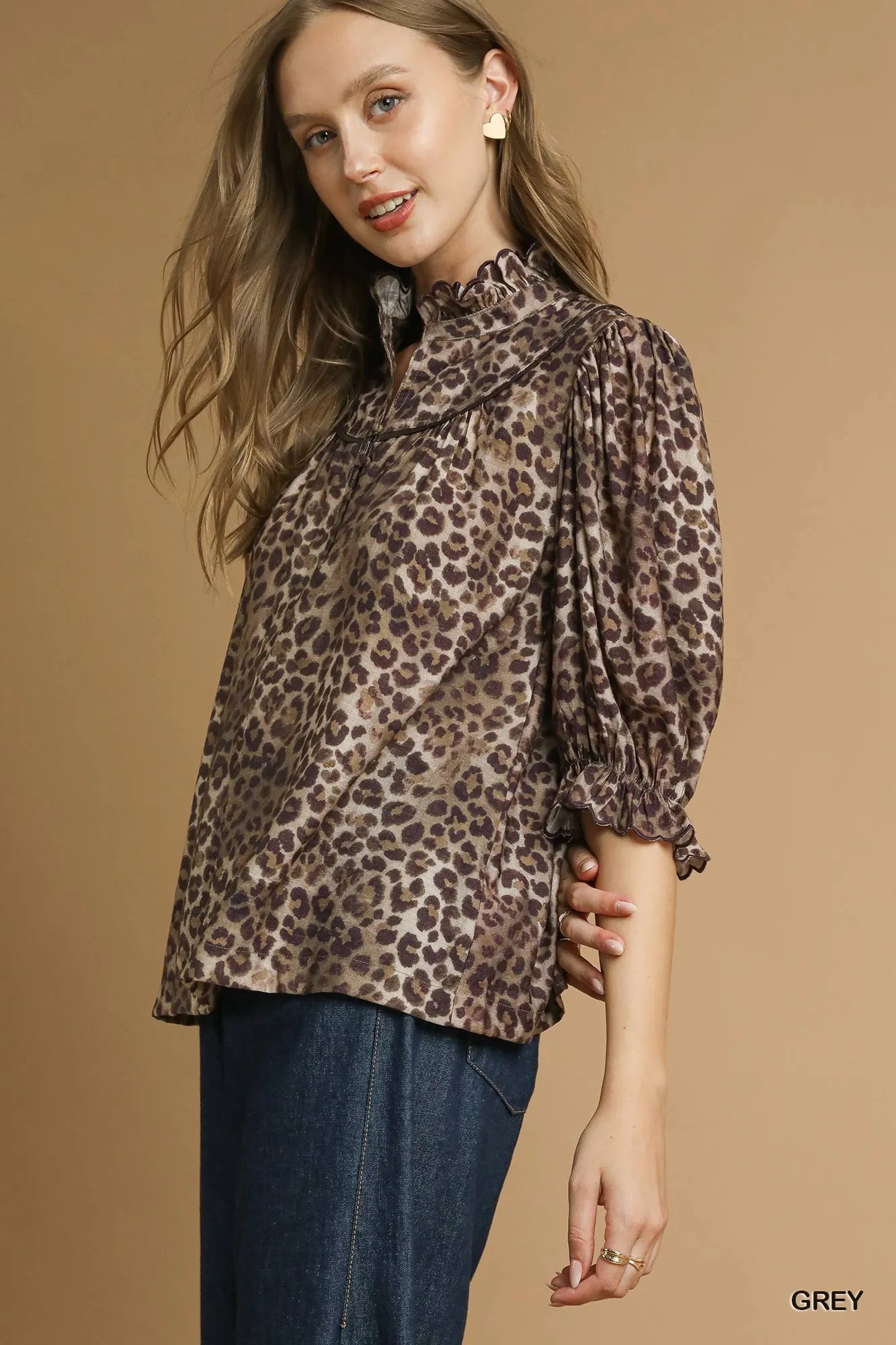 Women Umgee Leopard Print Ruffle Neck Short Sleeve Blouse