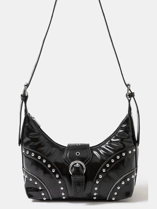 Fame Faux Leather Studded Trim Shoulder Bag