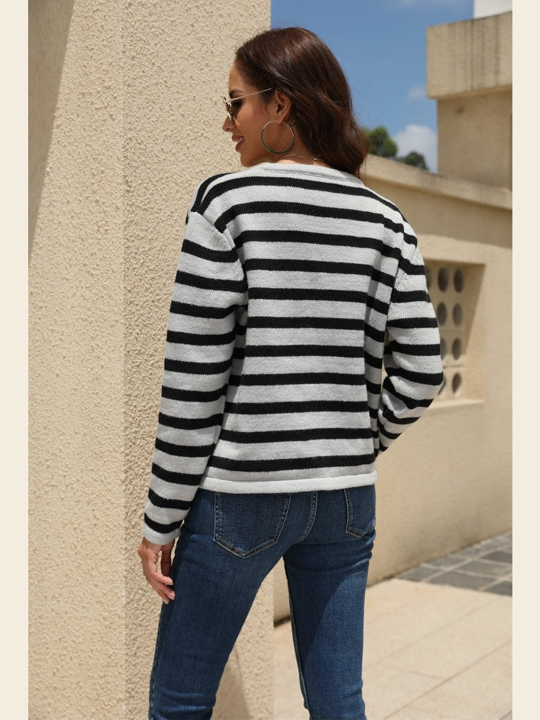 NicholesGifts Women Striped Round Neck Button-Down Dropped Shoulder Cardigan