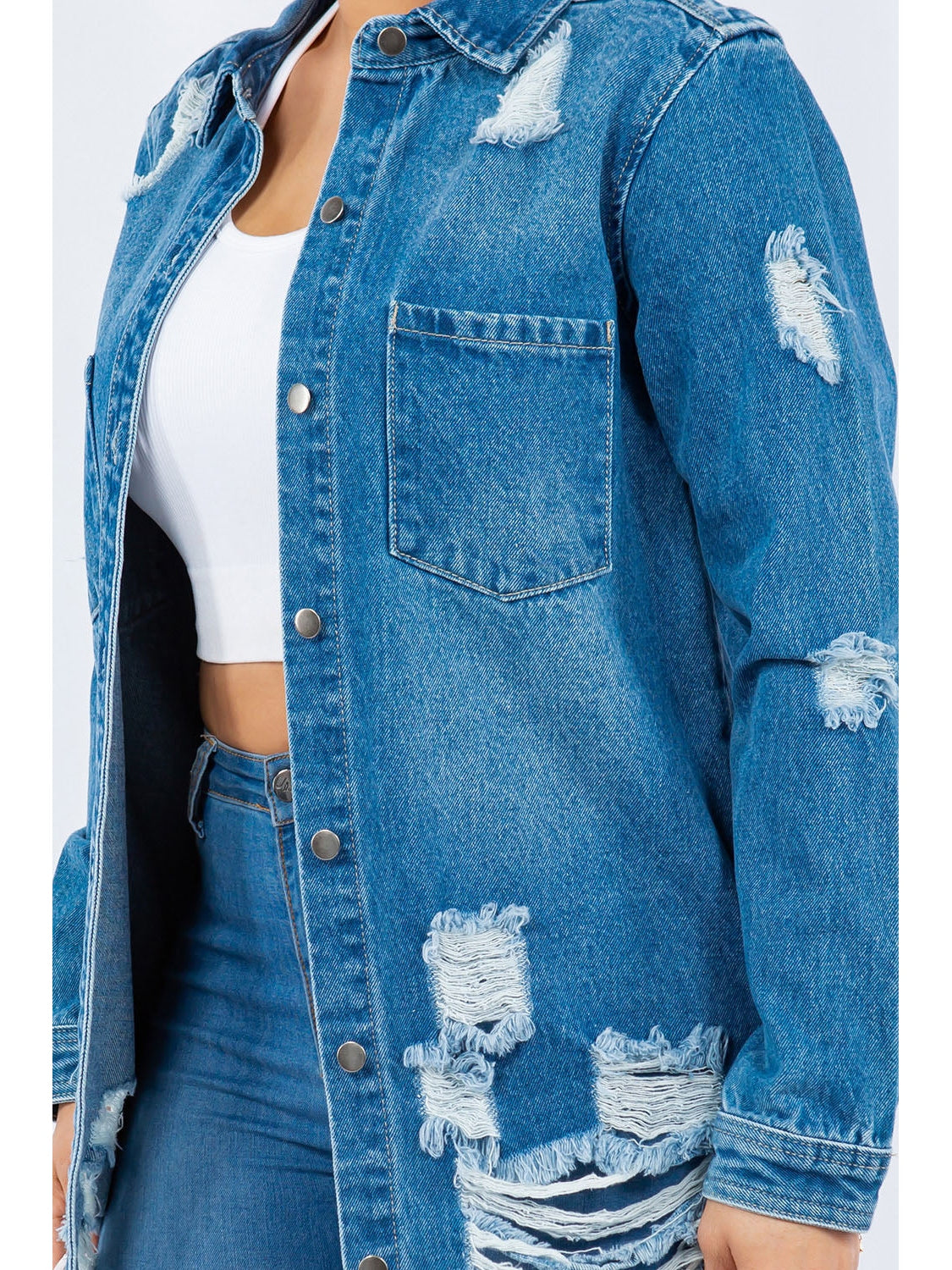 Women American Bazi Distressed Button Up Long Sleeve Denim Jacket NicholesGifts