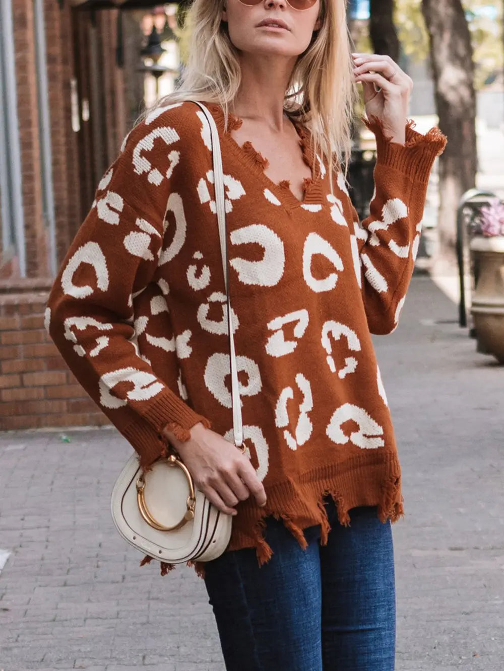 Leopard Frayed Hem Long Sleeve Sweater Trendsi