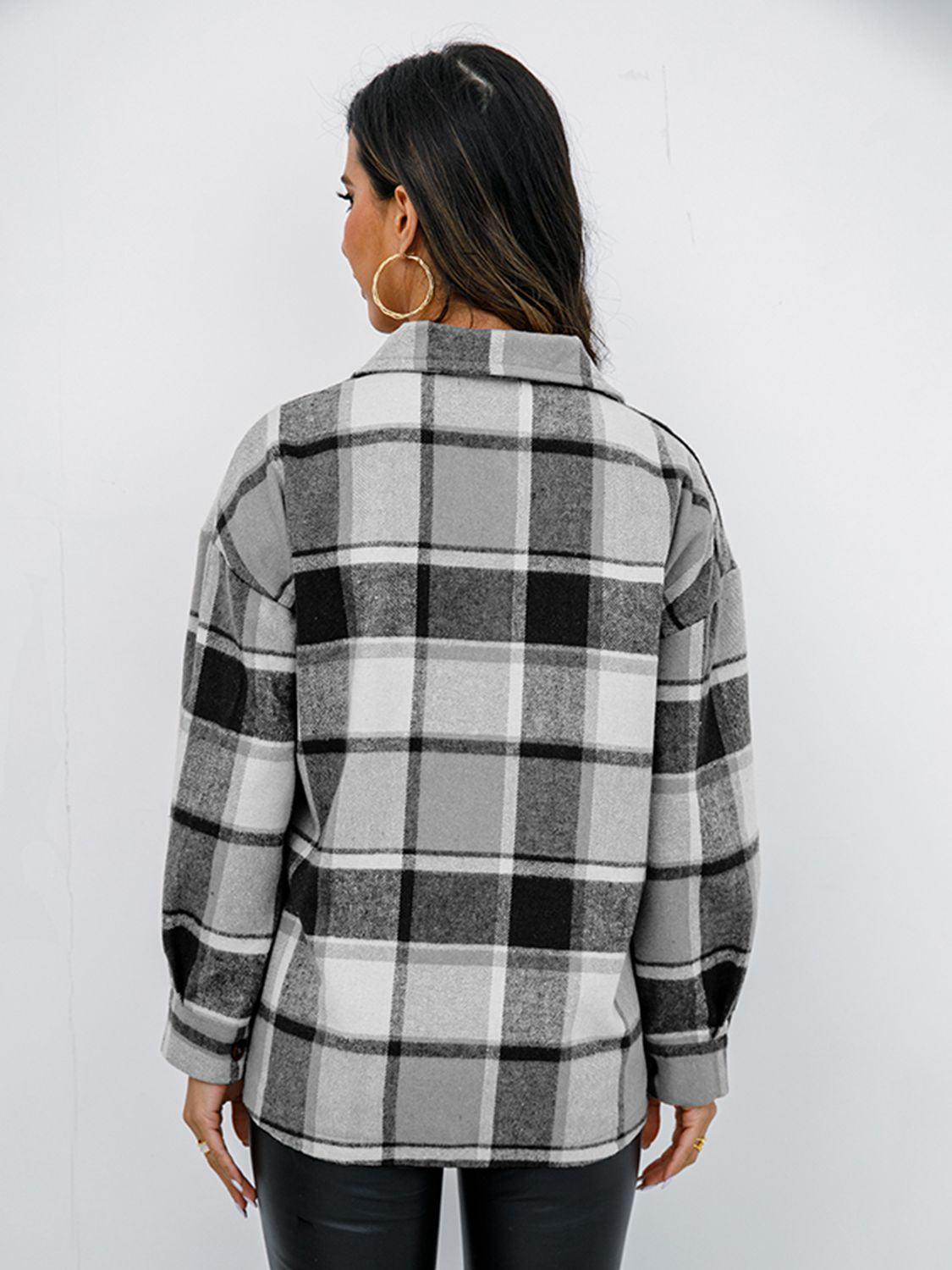 Shiny Plaid Button Up Collared Neck Jacket NicholesGifts