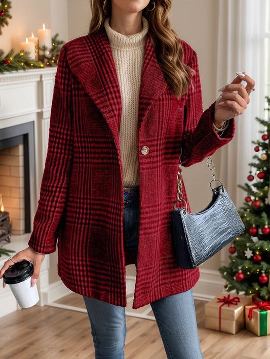 Plaid Collared Neck Long Sleeve Jacket nicholesgifts