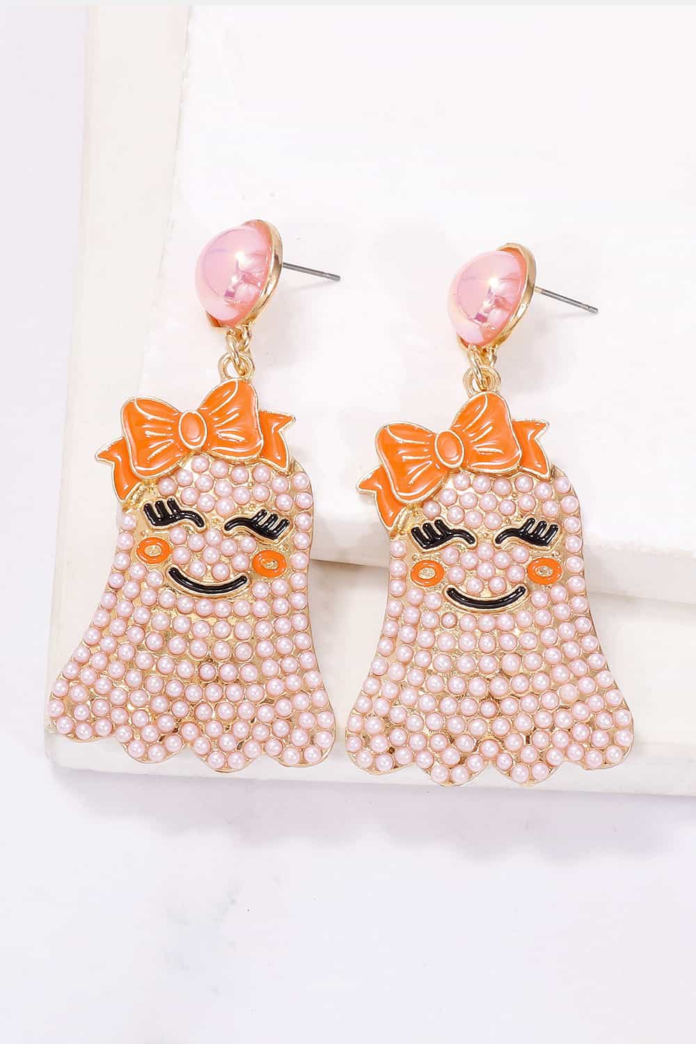 Women Smiling Ghost Shape Synthetic Pearl Earrings NicholesGifts