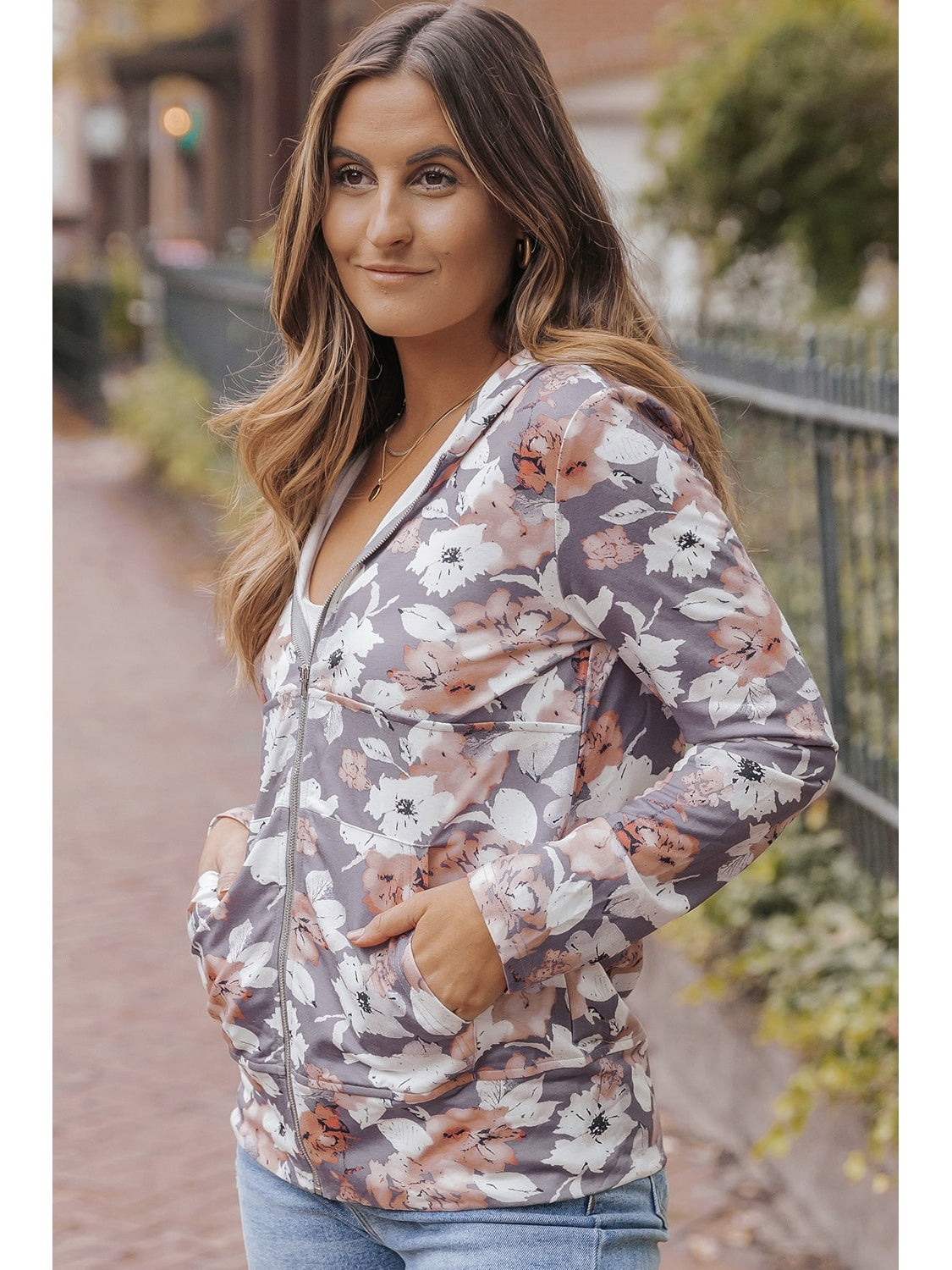 NicholesGifts Women Floral Zip Up Pocketed Hoodie NicholesGifts
