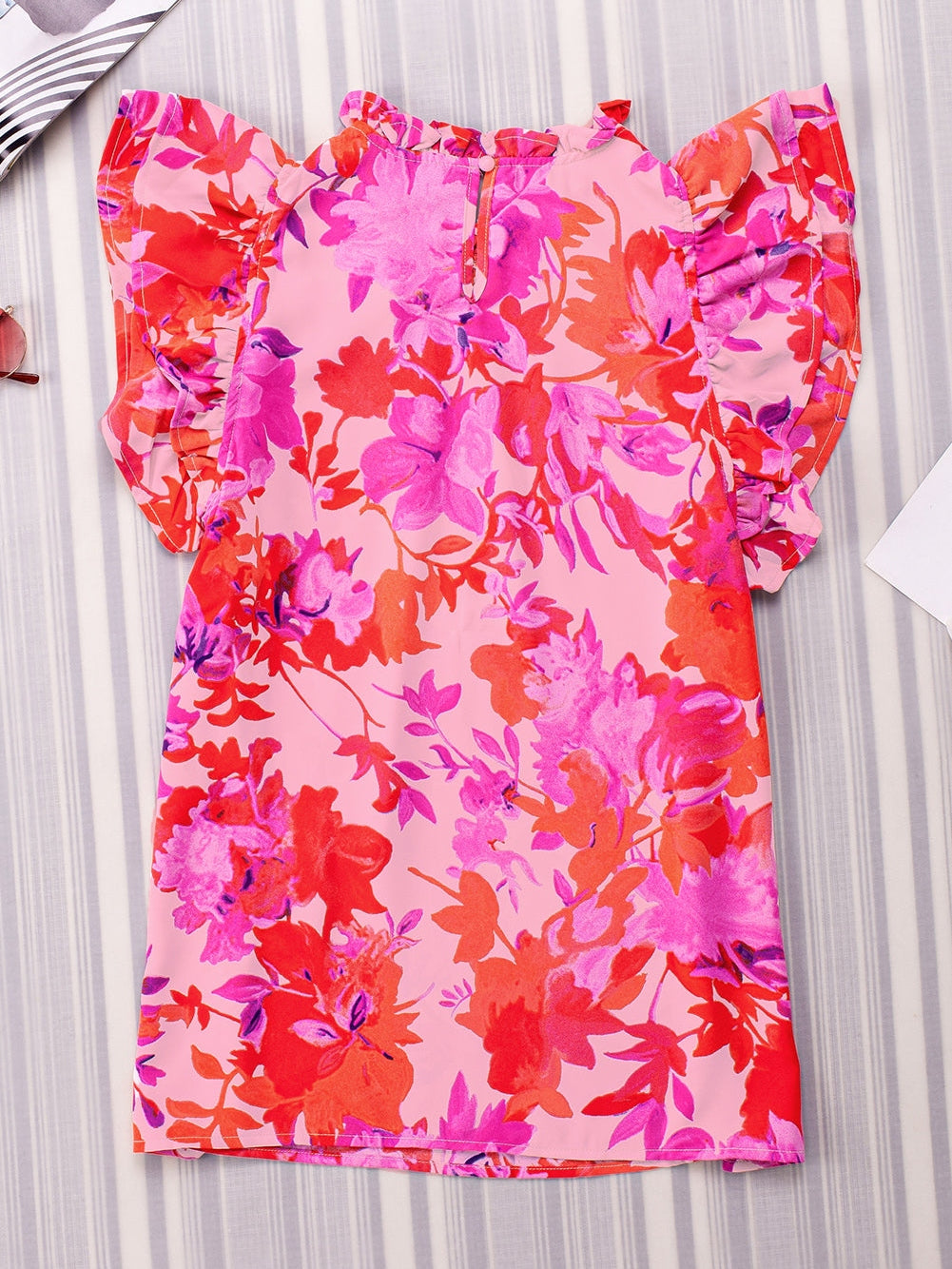 Frill Floral Mock Neck Cap Sleeve Blouse