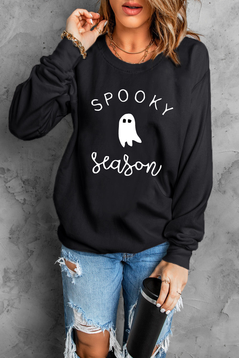 Women Round Neck Long Sleeve Spooky Season Graphic Sweatshirt NicholesGifts