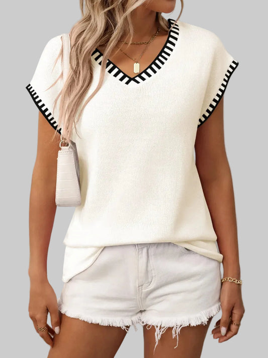 Women Contrast Trim V-Neck Short Sleeve Knit Top nicholesgifts