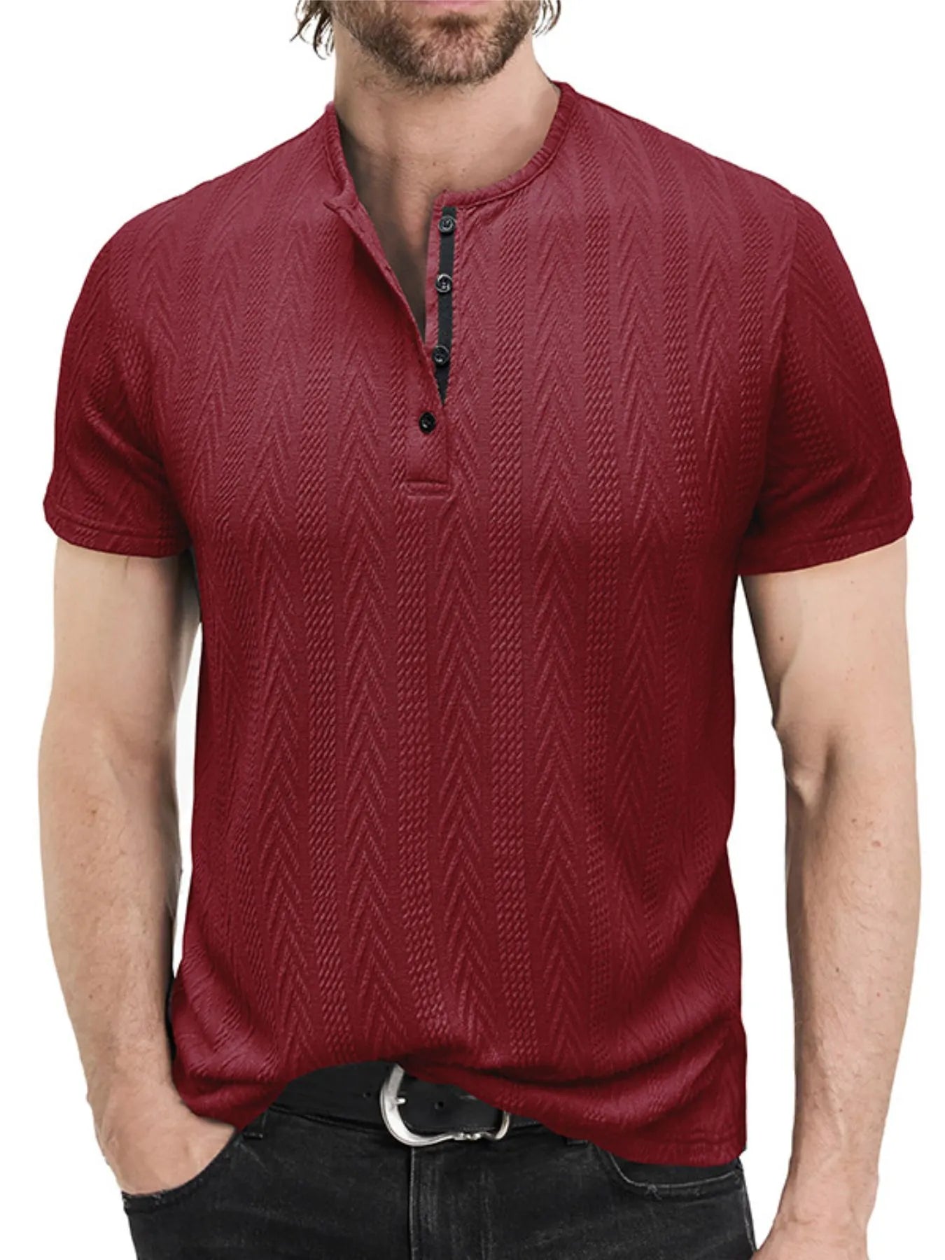 Men's Textured Chevron Pattern Henley Polo Short Sleeve Shirt