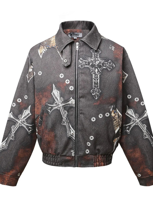 Men's Gothic Cross Print Distressed Denim Jacket NicholesGifts