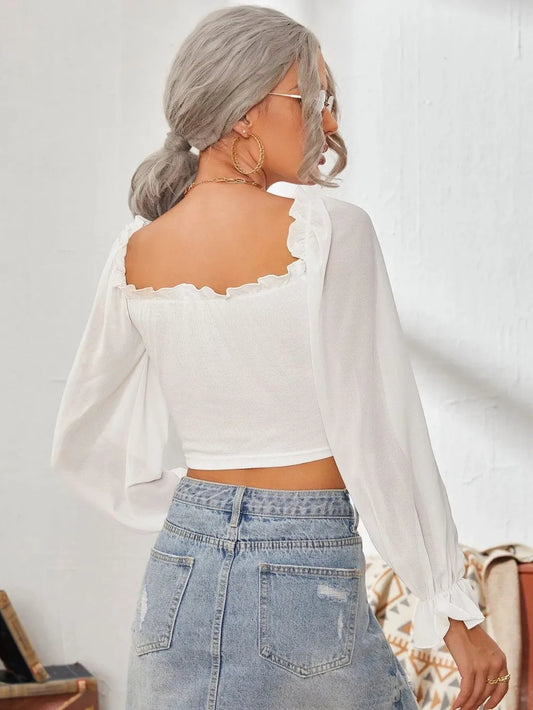 Mesh Sweetheart Neck Flounce Sleeve Top nicholesgifts