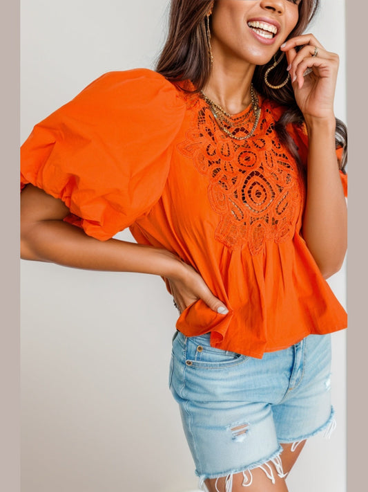 Women Openwork Round Neck Balloon Sleeve Blouse