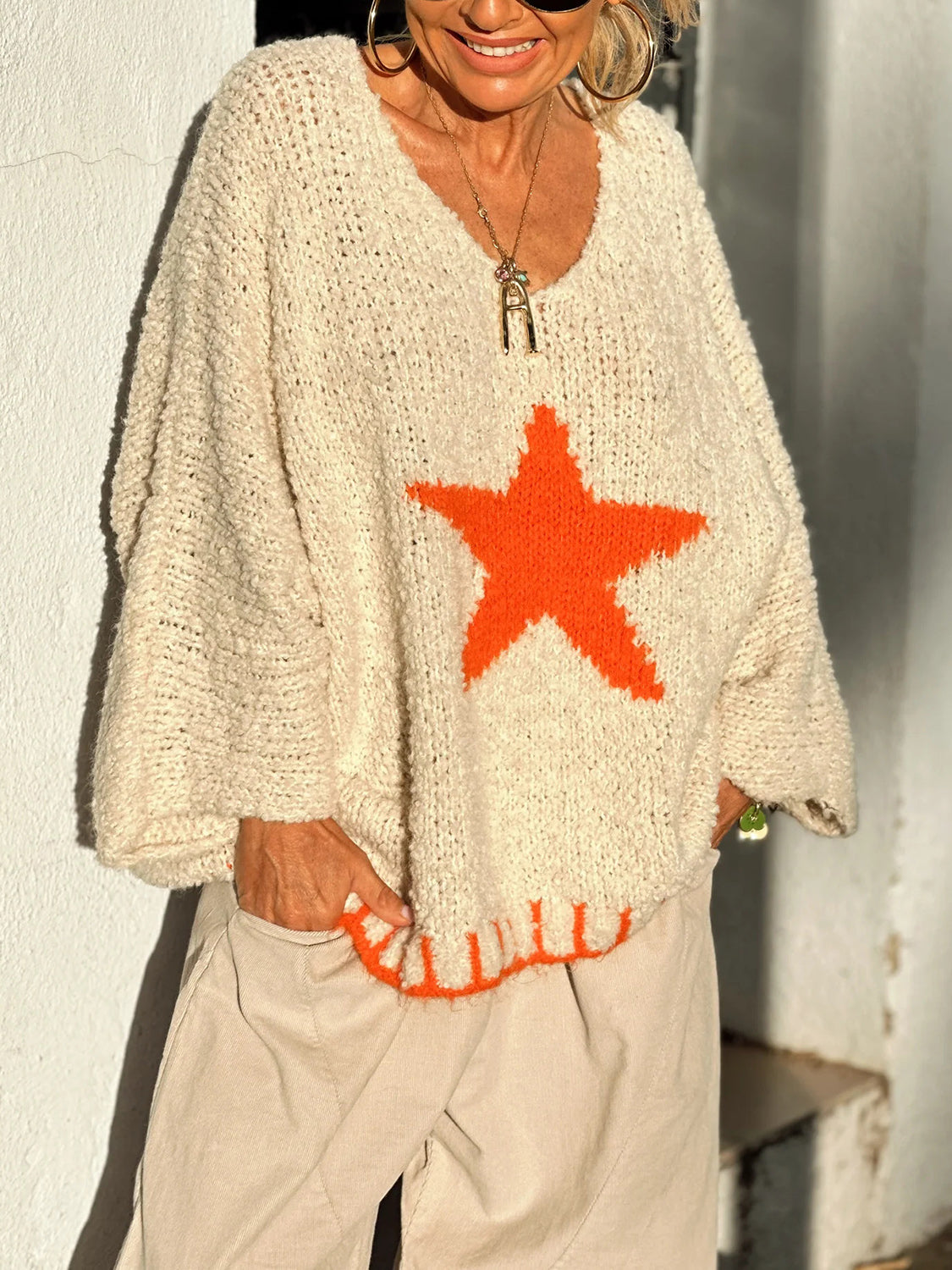 Star V-Neck Long Sleeve Oversize Sweater NicholesGifts