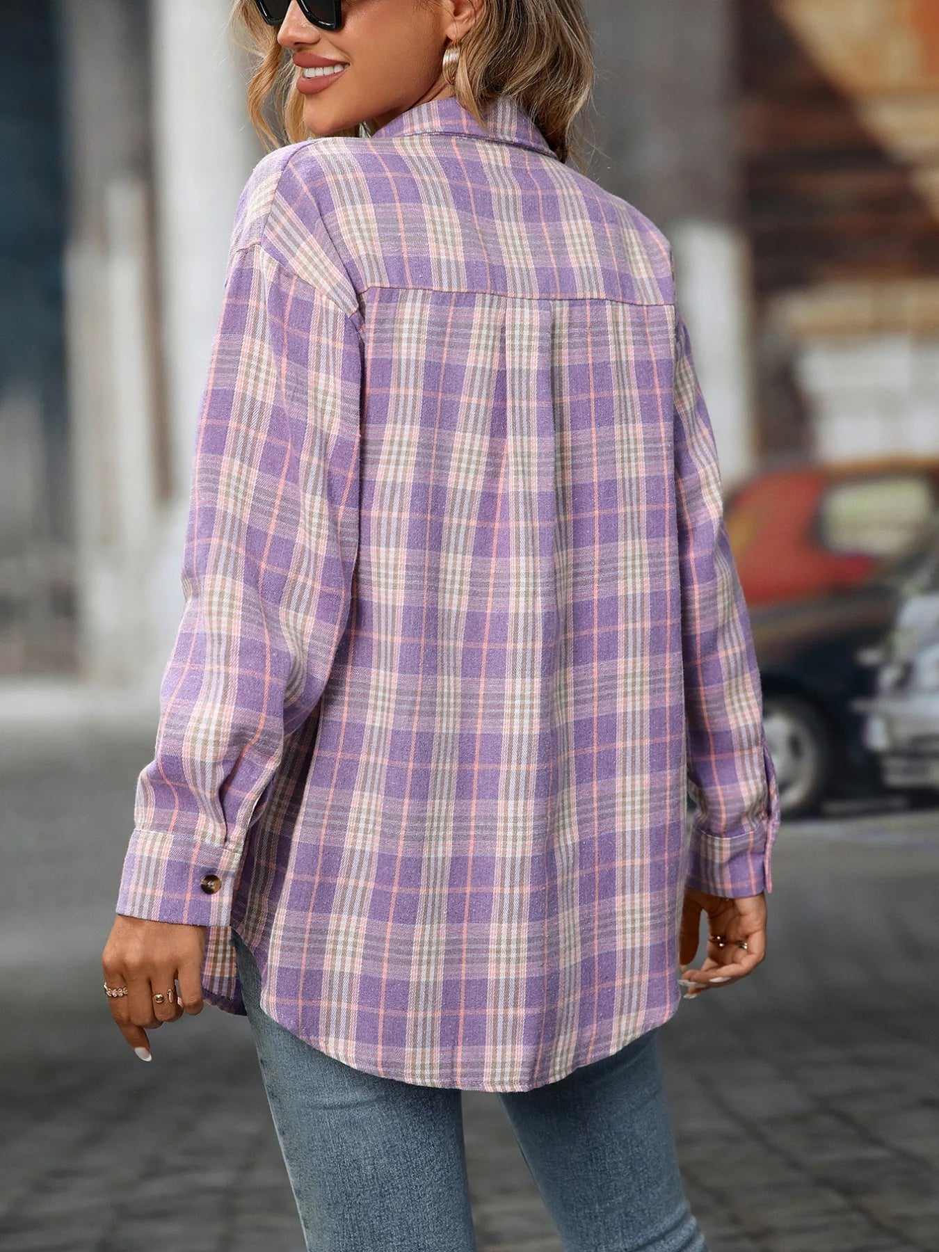 Plaid Button-Down Oversized Shirt Trendsi