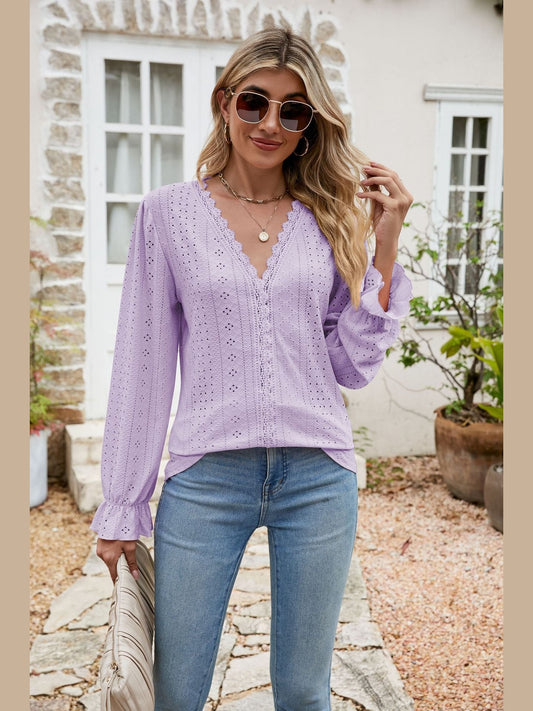 Eyelet Lace Trim Flounce Sleeve Blouse NicholesGifts