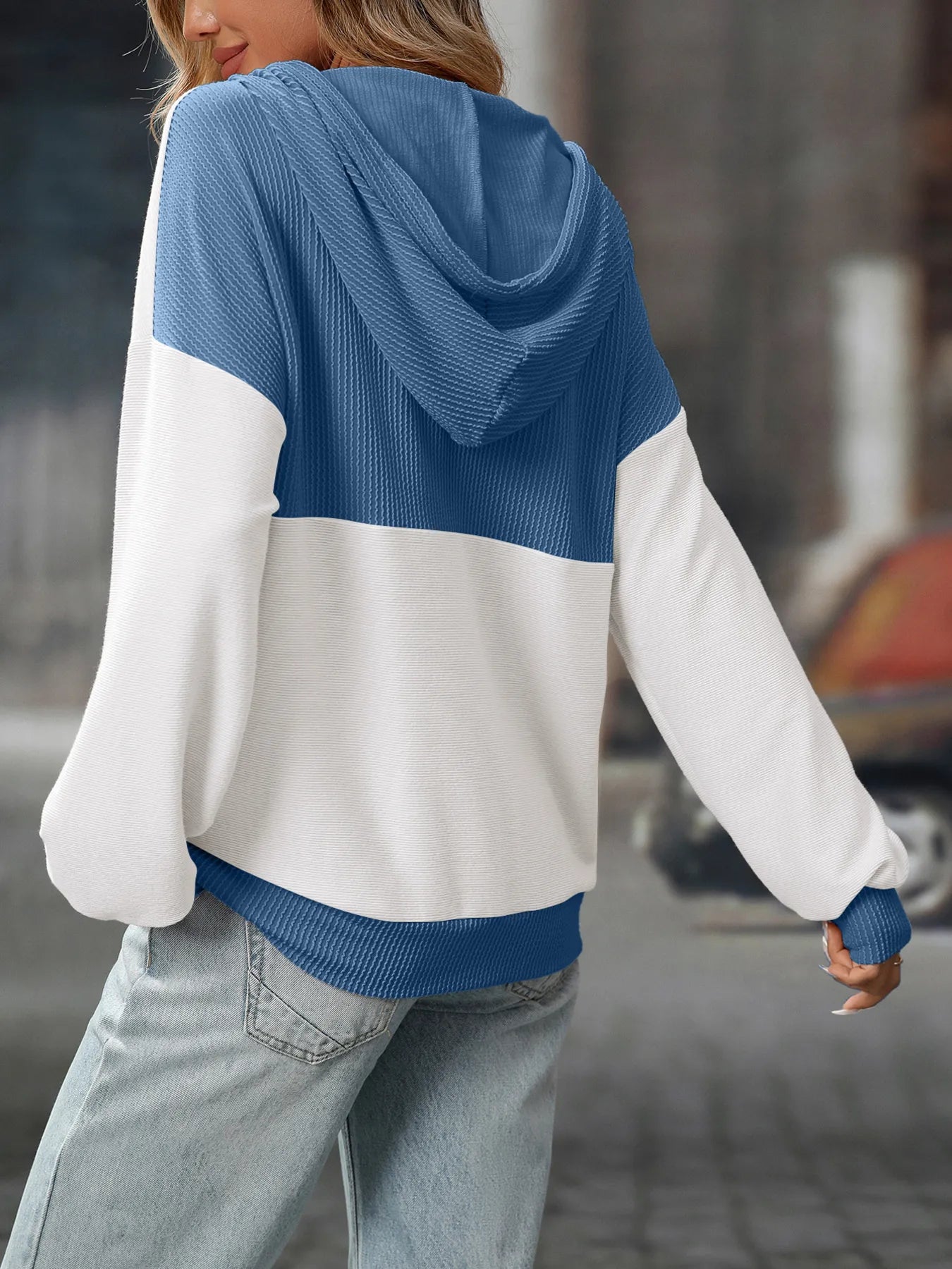Drawstring Button Detail Long Sleeve Hoodie