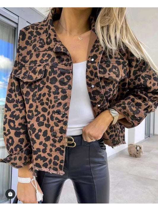 NicholesGifts Women Leopard Raw Hem Denim Jacket NicholesGifts