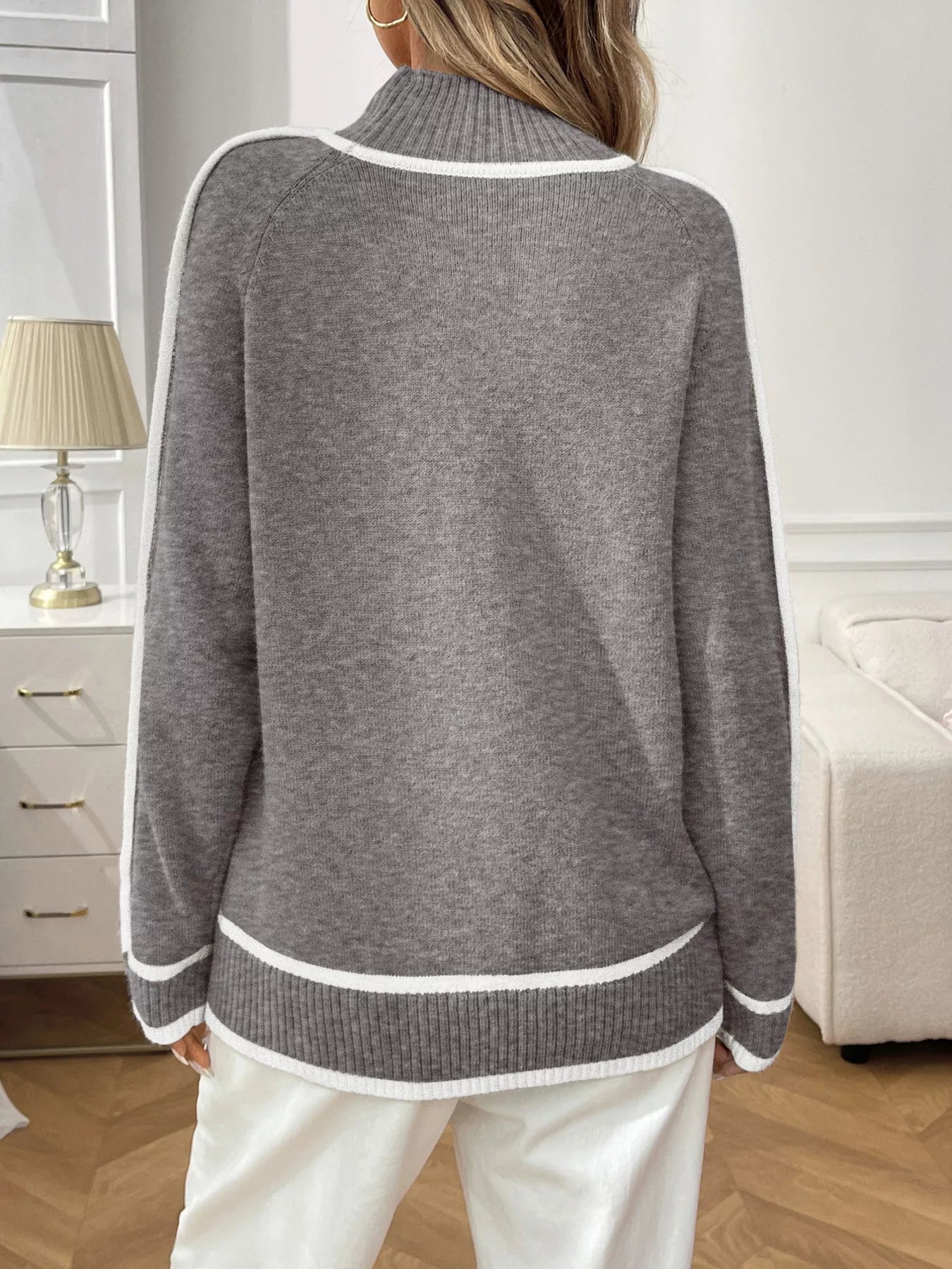 Contrast Trim Turtleneck Long Sleeve Sweater Trendsi