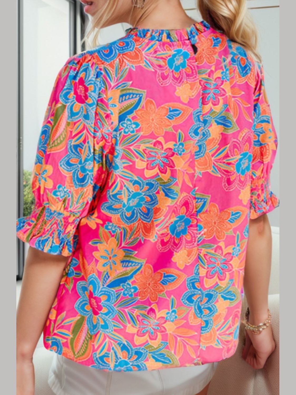 Printed Mock Neck Half Sleeve Blouse