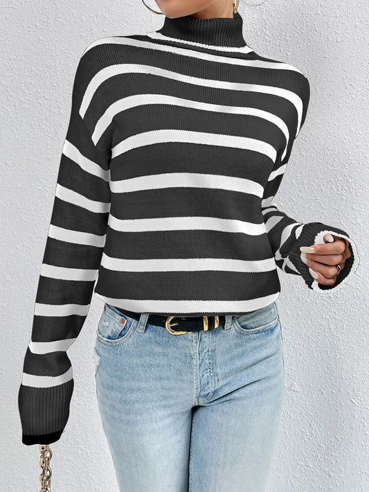 Striped Turtleneck Long Sleeve Sweater Trendsi
