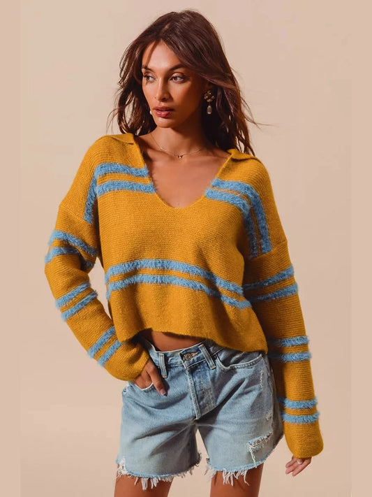 SO ME Fuzzy Hairy Stripe Deep U Neck Swetaer