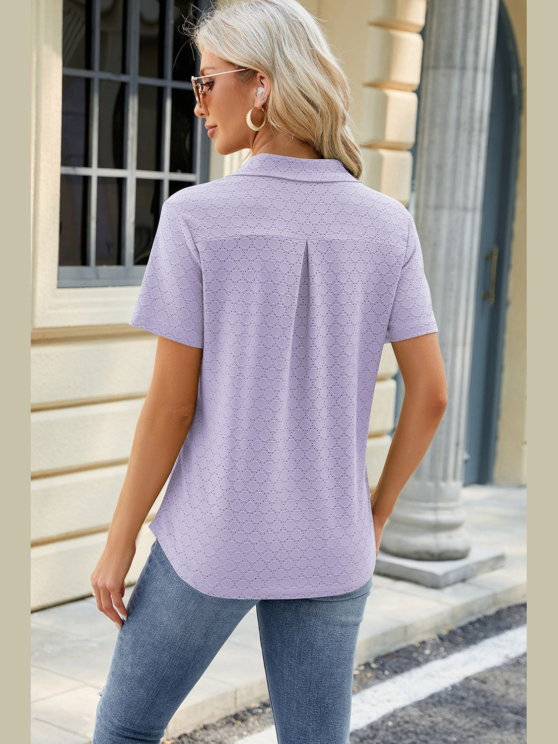 Women Pocketed Johnny Collar Short Sleeve Blouse