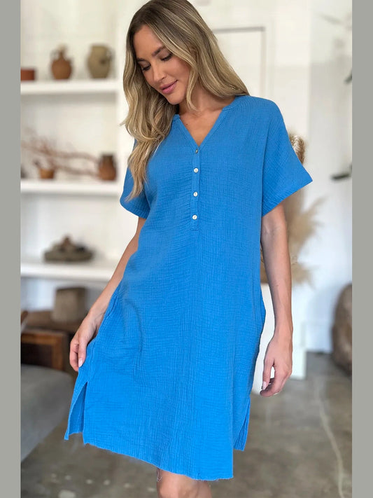 FAM-FAM Slit Notched Short Sleeve Mini Dress Trendsi